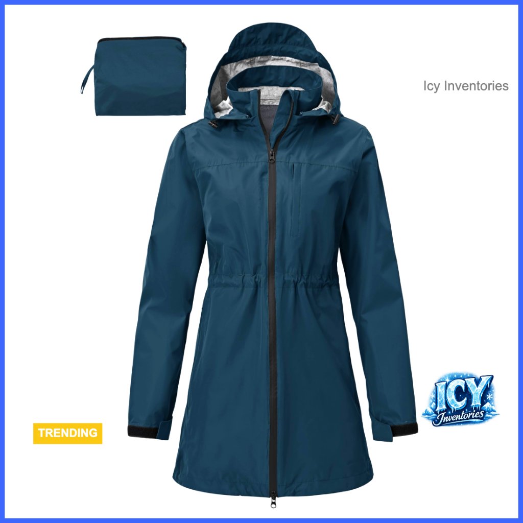 Long Rain Coat With Detachable Hood, Waterproof, Adjustable Drawstring Waist